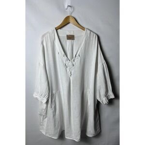 Elisa Cavaletti Blouse Womens Medium White Linen Tunic V Neck 3/4 Sleeve Italy